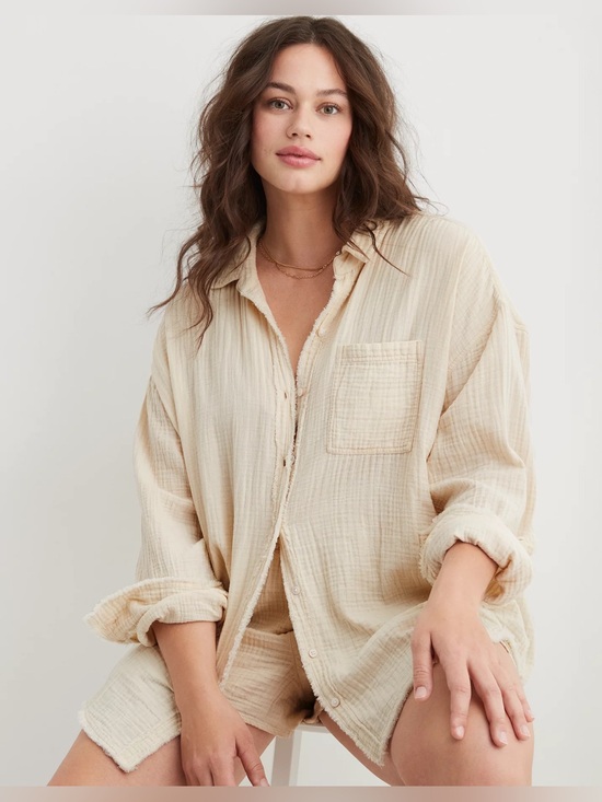 American Eagle Outfitters Tops - American Eagle Oversized Gauze Coverup Button Down Shirt Cream Beige Women’s XXL